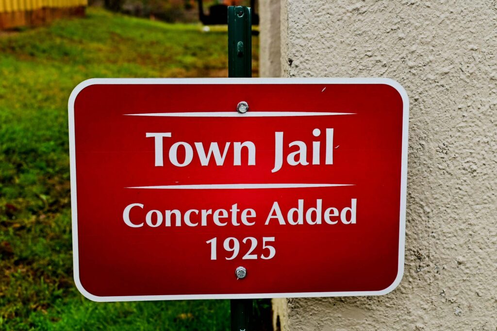 Town jail sign in Bernice, Louisiana.